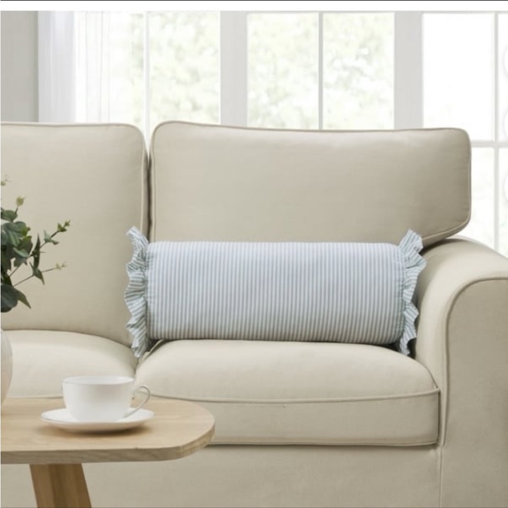 Home Decor Collection 8" × 20" Blue Striped Ruffle Bolster Decorative Pillow